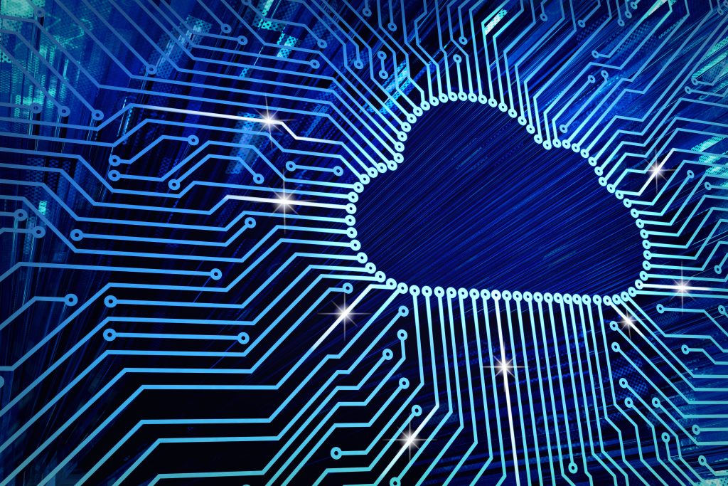 Cloud computing and netwoCloud computing and network security technology concept, blue circuit board with cloud symbol and connection linksrk security technology concept, blue circuit board with cloud symbol and connection links