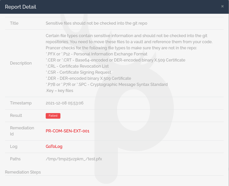 Prancer Static Code Analysis engine scans the repository for sensitive files.